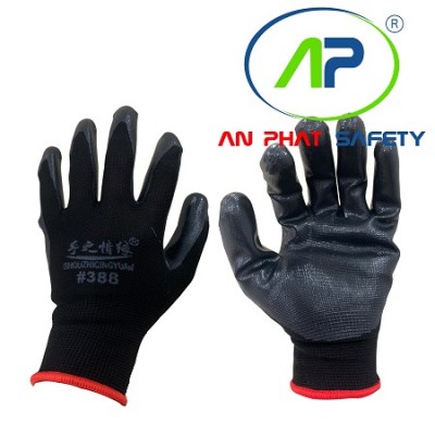 NAVI-Găng tay polyester phủ PU Natri lòng (đen) 35 g Size M